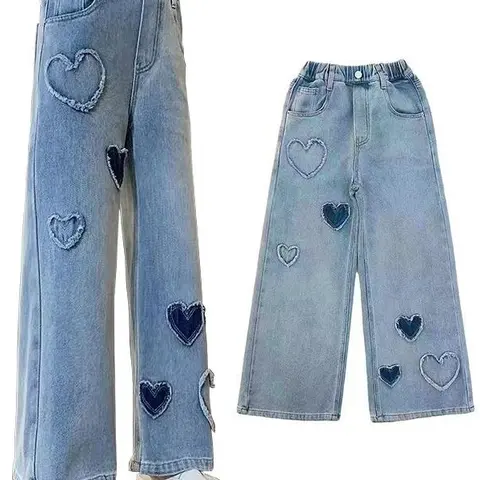 Girls' Denim Jeans, Spring & Autumn New Loose Casual Straight-Wide Leg Style with Heart Love Patch, Kids Clothing Girls Casual Bottoms,back to school