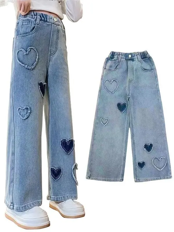 Girls' Denim Jeans, Spring & Autumn New Loose Casual Straight-Wide Leg Style with Heart Love Patch, Kids Clothing Girls Casual Bottoms