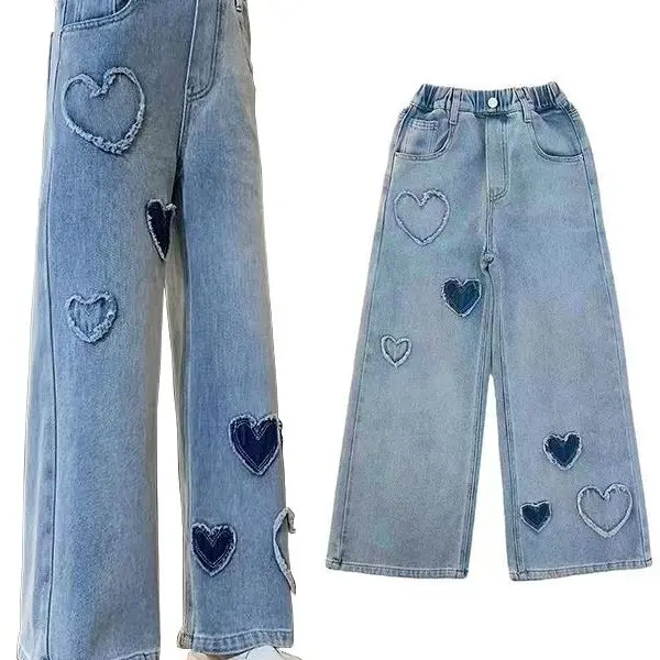 Girls' Denim Jeans, Spring & Autumn New Loose Casual Straight-Wide Leg Style with Heart Love Patch, Kids Clothing Girls Casual Bottoms,back to school