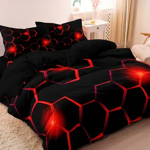 3Pcs Red and Blue Black Geometric Honeycomb Pattern 3D Printed Decorative Duvet Cover Set - Soft Comfortable Bedding Set For Bedroom, Guest Room - 1*Duvet Cover + 2*Pillowcases (No Comforter)