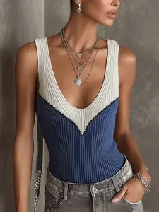 Blue Colorblock V-Neck Knit Vest, Deep V Fitted Elastic Design, Spring Summer Inner Layer Outer Wear Sleeveless Top, Womenswear