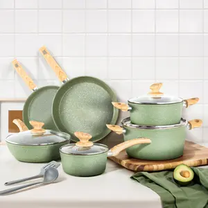 [Live] Kitchen Academy Green 12-Piece Non-Stick Cookware Set - Granite Pots & Pans with Silicone Utensils - Induction Compatible - Green Cookware Set, Halloween Gift