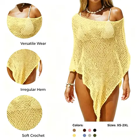 UNCLECAT Women's 2-Piece Sheer Crochet Knit Beach Swimsuit Coverup Set - Acrylic Bat Sleeve Poncho Top, Wide-Leg Pants, Irregular Hem, Breathable Mesh, Solid, Light Outdoor Going Out Accessory