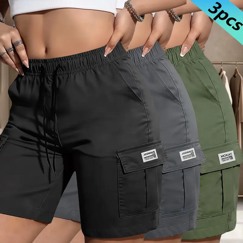 Clean Gent 3-Pack Summer Women’s Fashion Cargo Shorts — Adjustable Drawstring, Multi-Pocket Design; Lightweight Athletic Knee-Length Shorts for Daily Outings, Home Lounging, Outdoor Activities, Vacations, and More