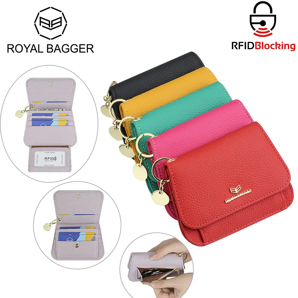 Royal Bagger RFID Short Wallets for Women Genuine Cow Leather Fashion Card Holder with Key Ring Holders Clutch Slim Coin Purse