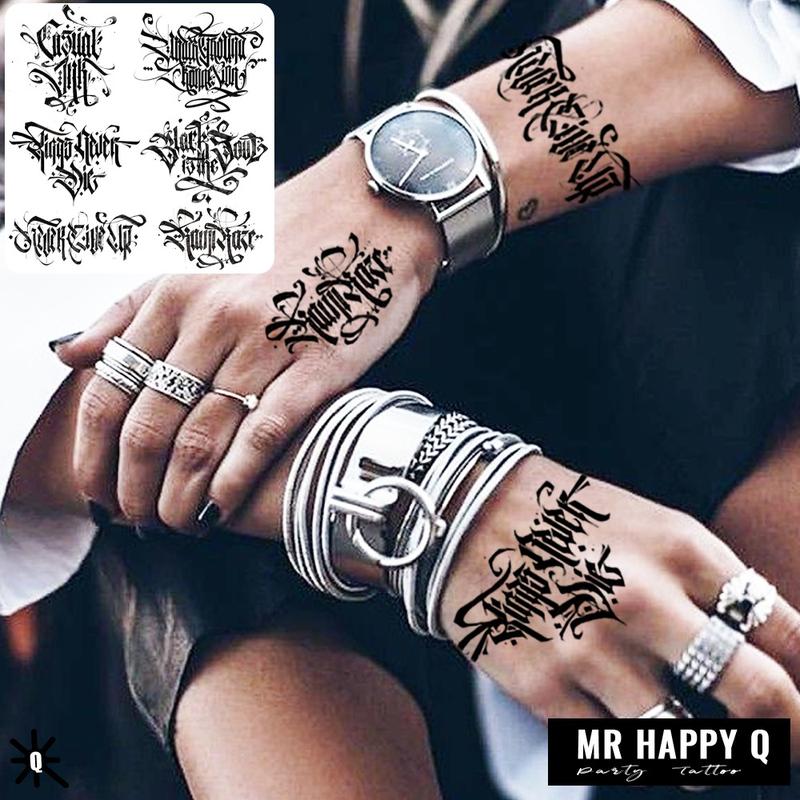 One temporary tattoo sticker, eye-catching cursive lettering tattoo sticker - street graffiti style "KINGS NEVER DIE" and other lettering designs, cool and casual temporary tattoo stickers for men and women on hands, neck and head, street clothing accesso