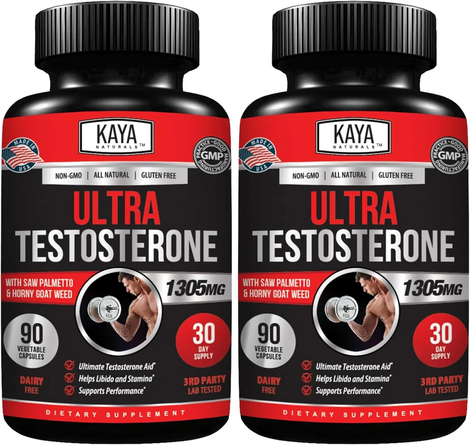 Kaya Naturals Ultra Testosterone - Men's Testosterone Booster with Tongkat Ali, Horny Goat Weed, Tribulus - Natural Workout Supplement for Energy, Stamina, and Strength Booster - 90 Count (Pack of 2)