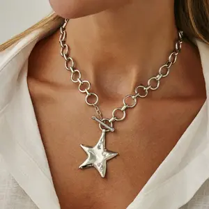 Silver Chunky Star Necklace for Women Trendy Big Statement Necklace Large Star Pendant Necklaces Boho Chunky Jewelry