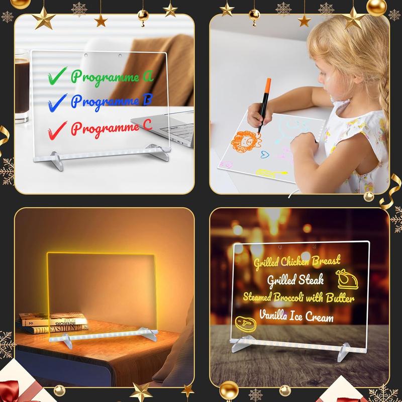 LED Note Board, Drawing board with Led Light, Drawing board, Clear Light up Dry Erase Board with Stand Glow Memo LED Letter Rewritable Message Board with 7 Color Markers