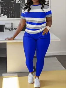 Women's Striped Print Tee & Skinny Pants Two-piece Set, Casual Round Neck Short Sleeve T-shirt & Trousers for Daily Wear, Ladies Two-piece Outfits for Spring & Fall, Casual Matching Set