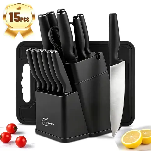 15pcs Durable Knives Kitchen Set with Premium Thick Wood Block, Built-in Sharpener, Antibacterial Ergonomic Plastic Handles, Bone-Chop Ready Cleaver, Chef/Japanese/Bread Blades, 6 Steak Knives, Scissors, Washable Blush Pink Serrated Pieces, Ideal Gift Set