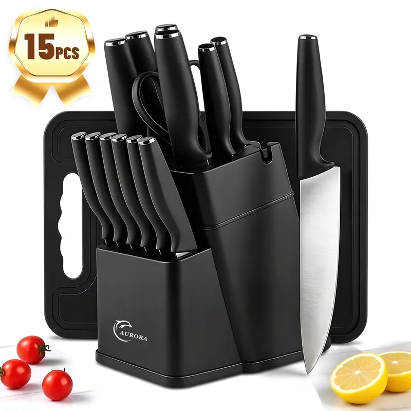 15pcs Durable Knives Kitchen Set with Premium Thick Wood Block, Built-in Sharpener, Antibacterial Ergonomic Plastic Handles, Bone-Chop Ready Cleaver, Chef/Japanese/Bread Blades, 6 Steak Knives, Scissors, Washable Blush Pink Serrated Pieces, Ideal Gift Set