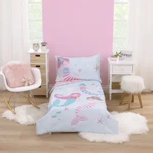 Everything Kids Mermaid Pink and Blue Dream Big Little Mermaid 4 Piece Toddler Bed Set - Comforter, Fitted Bottom Sheet, Flat Top Sheet, and Reversible Pillowcase