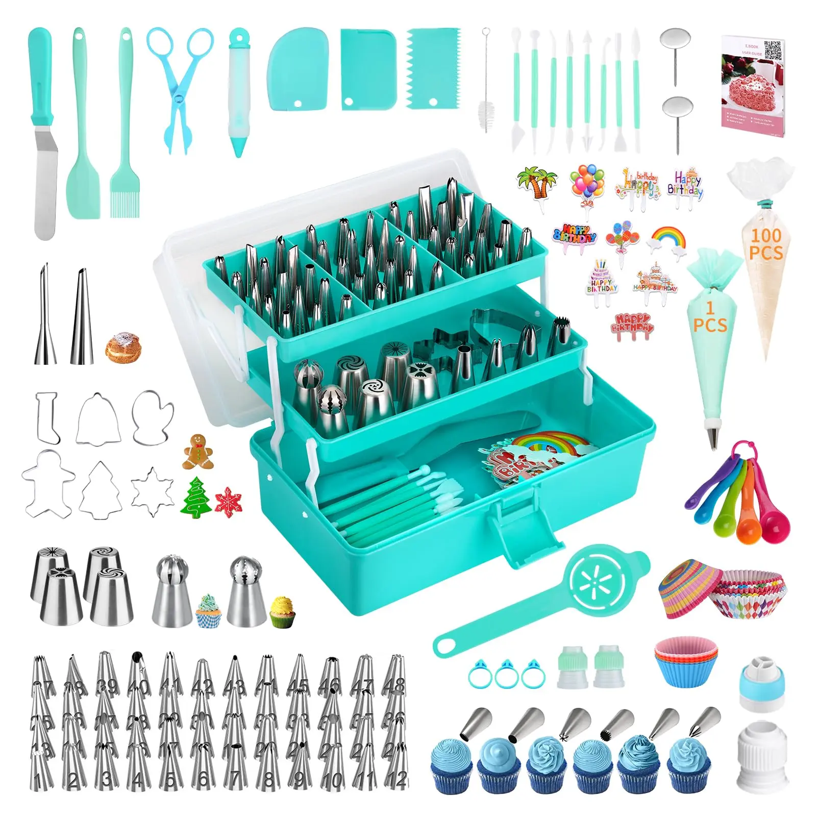 Cake Decorating Supplies Tools Kit: 358 Baking Accessories With Storage Case - Piping Bags And Icing Tips Set Puffs Christmas Cookie Cutters Cupcake For Beginners Or Professional  Mint Green