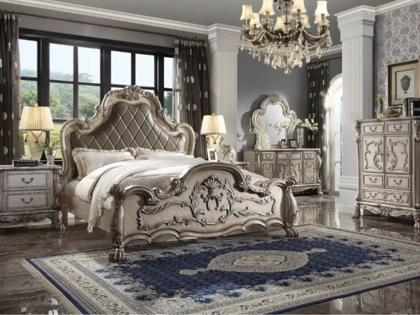 Acme 28170Q-4PC Vintage Bone Finish Tufted Queen Bedroom Set - Wood & Faux Leather, Decorative Carvings, Dresser, Nightstand, Mirror