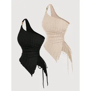 Women's Solid Ruched Asymmetrical Hem Tank Top, Elegant One Shoulder Drawstring Side Top for Daily Wear, Ladies Clothes for All SeasonsGift