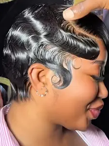 Women's Human Hair Wavy 13x4 Lace Frontal Wig, 180% Density Short Finger Wave Pixie Cut, Pre-Plucked, Curly Style, Natural Look