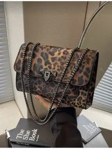 Vintage Fashion Leopard Print Crossbody Bag Women Hardware Lock Flap Opening Metal Double Chain Multi-functional Elegant Shoulder Bag for Girls Daily Casual Commute Work Student Use Retro Animal Print Fashionable Crossbody Bag