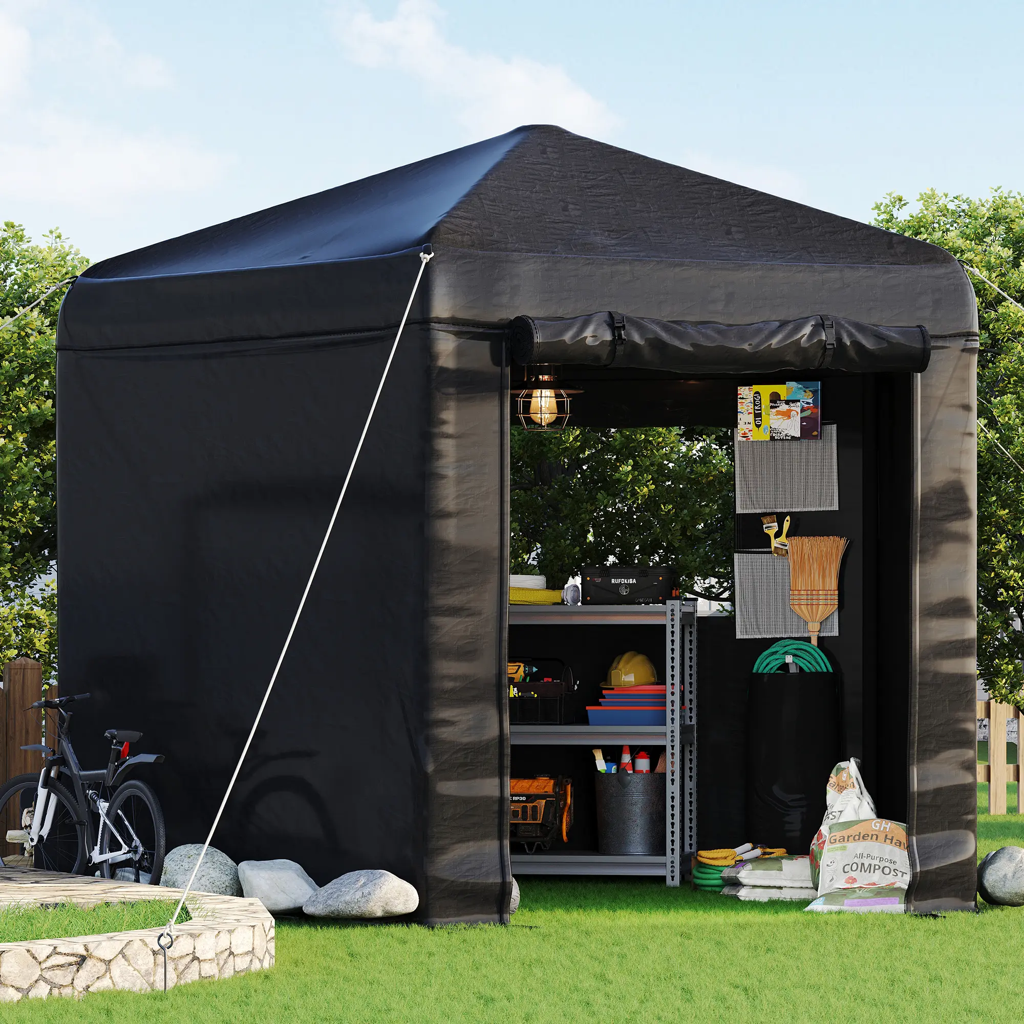 [Summerwins] [SummerFinds] AMERLIFE 9.7x10.2x8.4 FT Black Pentagonal Storage Shed with Large PVC Windows, Heavy Duty Portable Shed with Mesh & PE Storage Pockets, Top Hooks, Patio, Lawn, Garden