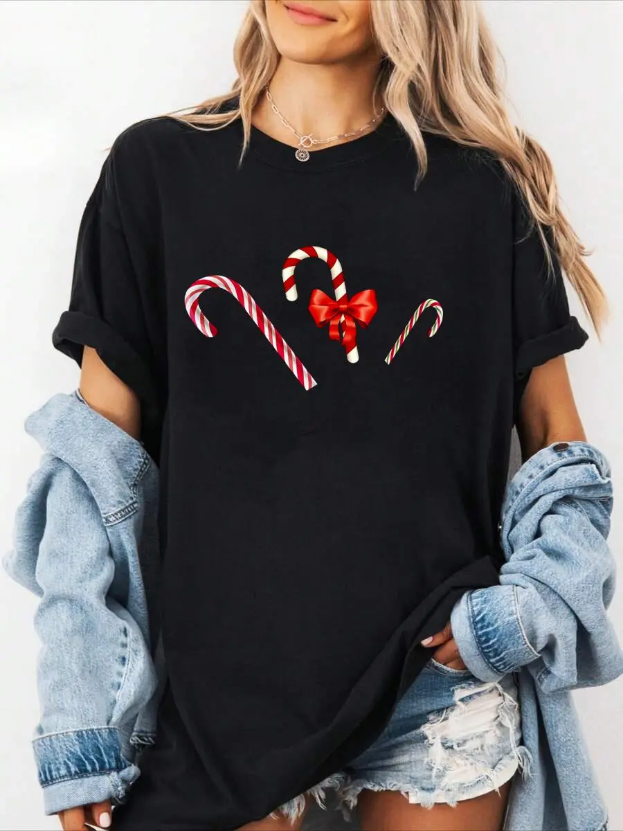 100% cotton Candy canes Shirt for Women Kids Men Candy Cane Christmas T- Shirt Women Graphic T-Shirt Cotton Print short Sleeve Casual Top, Summer Tee Womens Tops