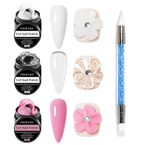 FourLily 4pcs Non-stick Solid Gel Set with Double-headed Pen, 3D Gel Nail Set for Gel Nail Art Embossing, Shaping and Sculpting with Stereo Nail Shaping Gel, Builder Nail Gel, Clear White Pink Nail Extension Gel, Uv Gel Manicure Nail Art Products