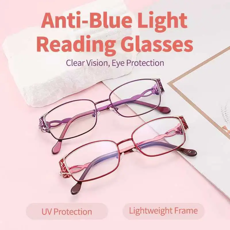 Women’s Exquisitely Engraved Blue Light Blocking Bifocal Reading Glasses, High-Definition Metal Frame for Middle-Aged Farsighted Users