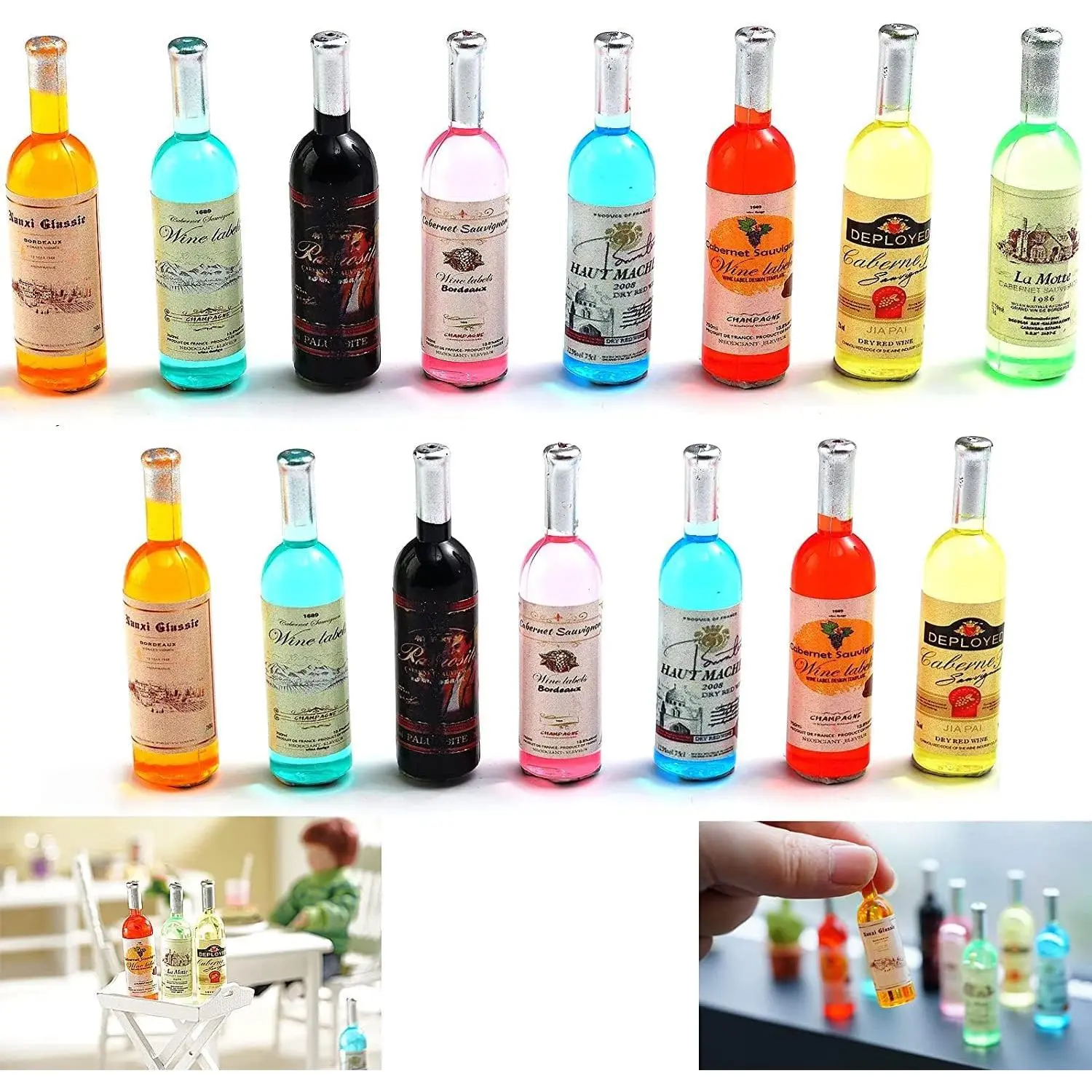 15 1:12 Doll Bottles Wine Mini Food House Drink Accessories for Dollhouse Miniature (15 Pcs Bottles)