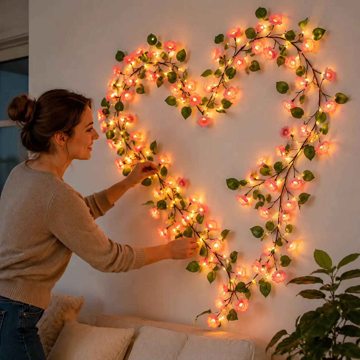 Single pack of 96-LED vine lights with peach blossoms, Summerwins, 6 ft USB-powered pink flower fairy string lights, includes wall mounting clips and manual lighting effect control, moldable indoor wall decoration lights, suitable for bedrooms, living ro