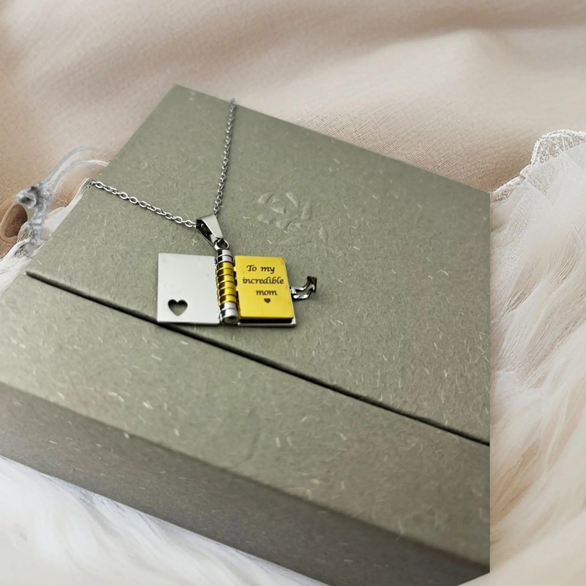 Parents Gift Necklace, Book Pendant Necklace with Gift Box, Minimal Dainty Stainless Steel Jewelry for Mom Dad from Daughter or Son, Ready to Gift