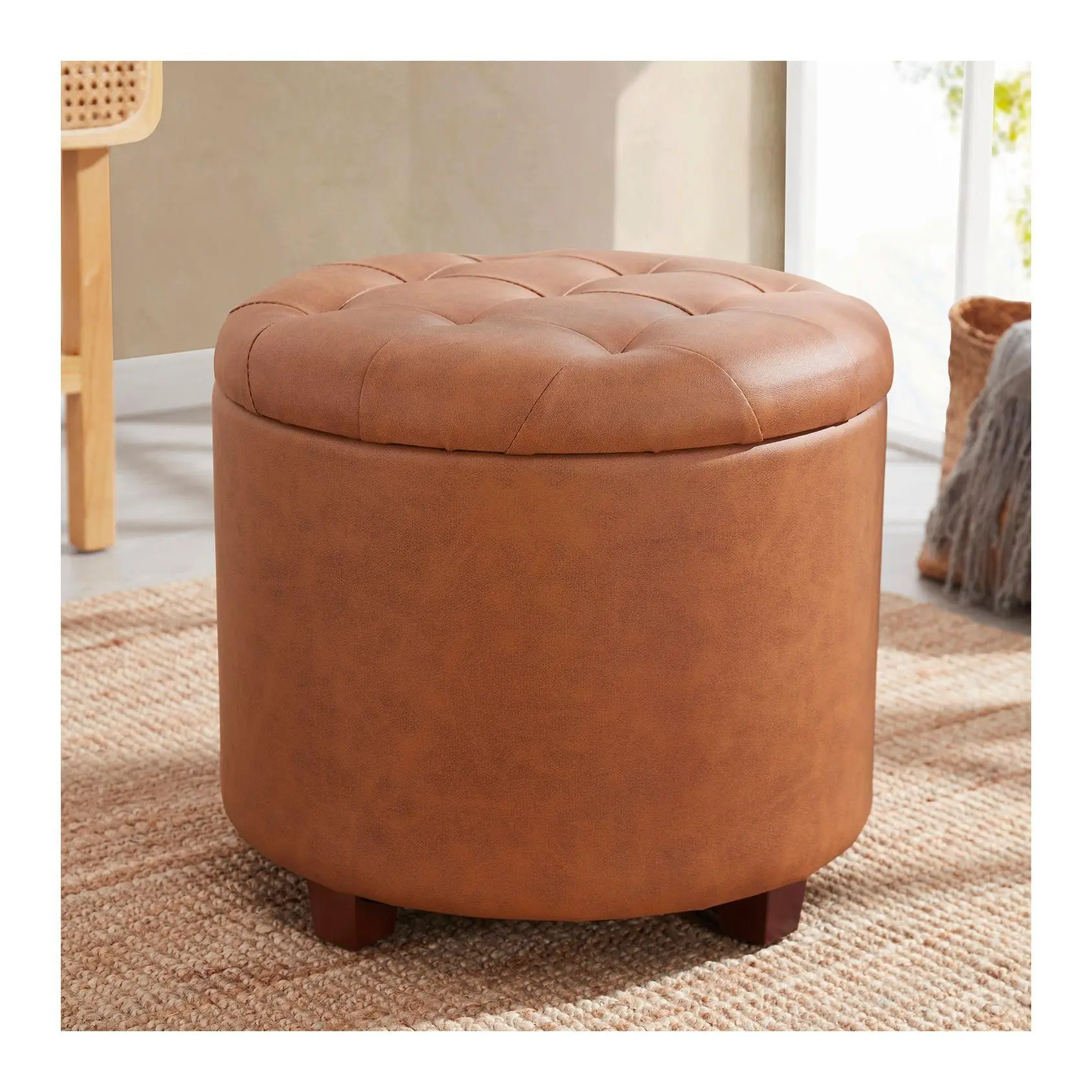 Ornavo Round Faux Leather Storage Ottoman withTufted Lid