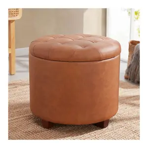 Ornavo Round Faux Leather Storage Ottoman withTufted Lid Ornavo Round Faux Leather Storage Ottoman withTufted Lid