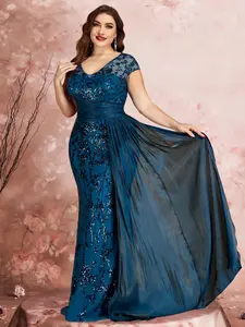 Plus Size Women's V-Neck Cap Sleeve Maxi Evening Gown | Botanical Floral Sequin High Waist Feminine Elegance Formal Dress with Flowing Overlay for Banquets & Hosting