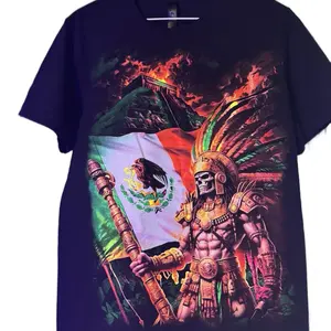 Guerrero con bandera T-shirt for Men - Casual Crewneck T-Shirt with Graphic Design Featuring Mexican Flag and Warrior Figure - Tropical, Menswear, Streetwear, Tshirt, Shortsleeve, Top