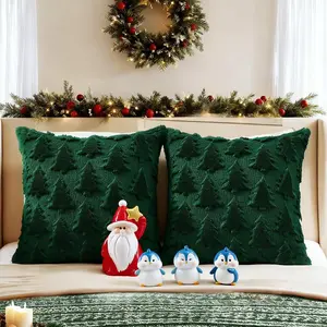 Green Christmas Throw Pillow Covers 3D Embroidered Faux Fur Cushion Cases for Couch Bedroom Living Room Decor Festive Holiday Accents 18x18 Inch Set of 2