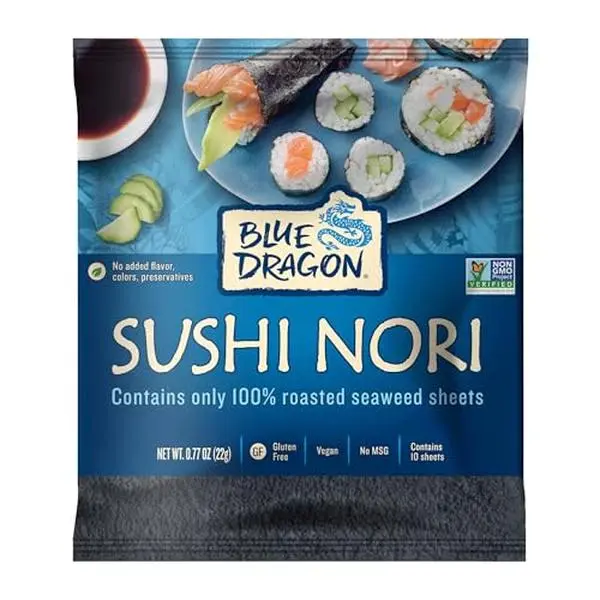 Blue Dragon Sushi Nori - 0.77oz (Pack of 1) - No Artificial Flavors Or Preservatives - Made With Roasted Seaweed Sheets - Vegan, Gluten Free Seaweed Wraps - Ideal For Sushi Rolls & Hand Rolls