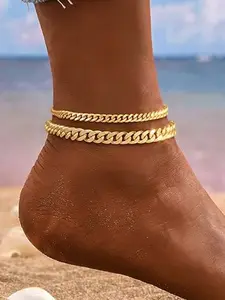 Women's Waterproof Anklet Set, Elegant Layered Design, Adjustable Thick Cuban Chain, Fade-Resistant Beach Jewelry Gift