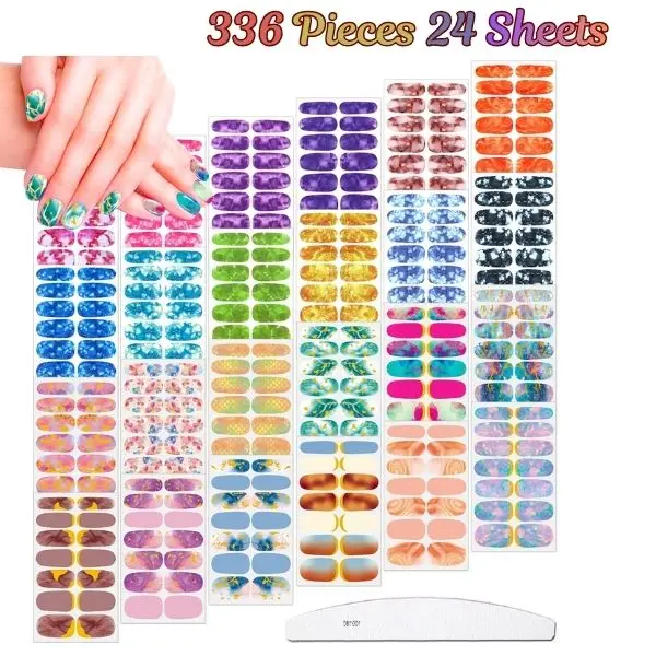 336 Pcs Nail Polish Strips for Women – Marble & Solid Gel Nail Wraps, Self-Adhesive Full Cover Nail Stickers, DIY Manicure Set with Nail File (Fresh Style)