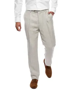 BRUNELLO CUCINELLI MEN'S BEIGE LINEN WOOL TAILORED TROUSERS