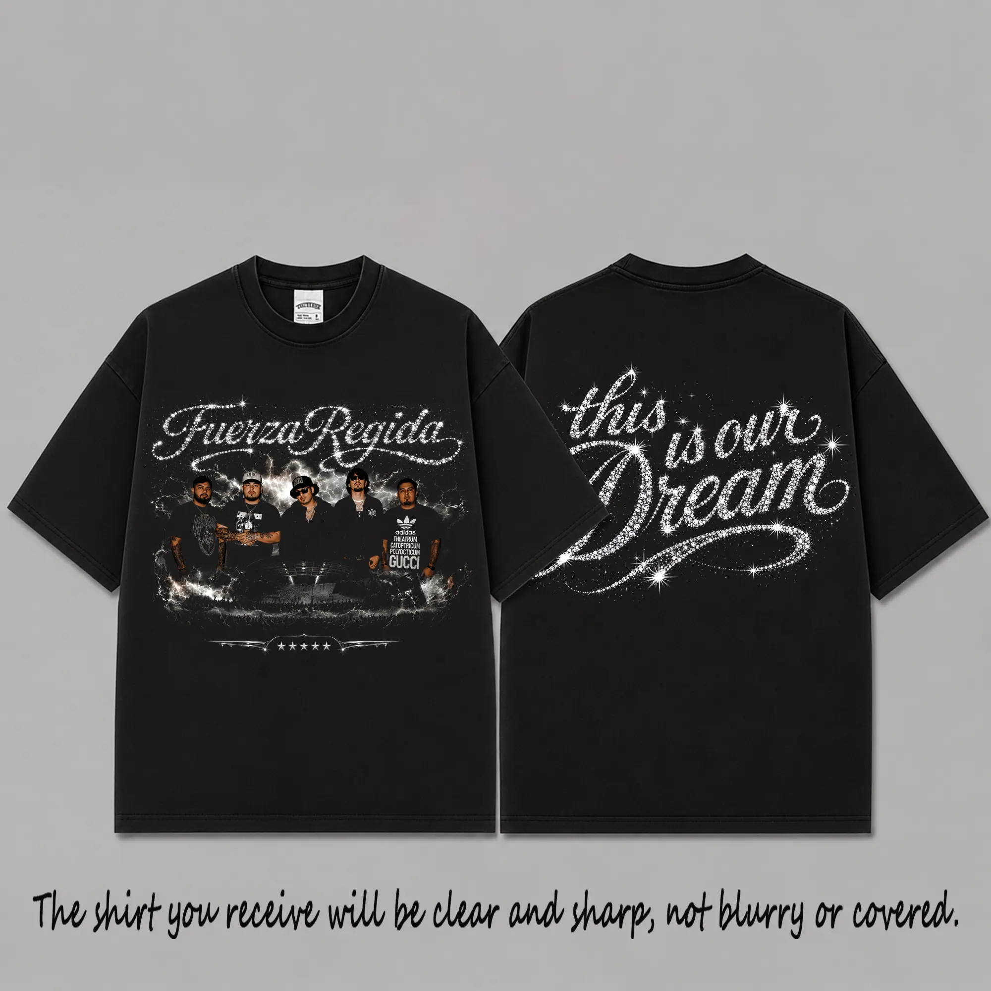 Fuerza Regida This Is Our Dream Rhinestone Graphic T-Shirt, Mexican Corridos Band Fan Tee, Black Oversized Concert Streetwear, Sparkling Double Sided Music Merch Gift