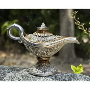 Floral Ornate Aladdin Genie Magical Lamp Backflow Incense Cone Burner Figurine