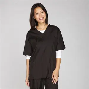 212 MAIN TP397 Top Woven Women's V-Neck Crinkle Nylon Grooming Smock Pullover - Comfortable Short-Sleeve Workwear Uniform, Large Plum, Coordinate-Compatible with Short Pants (Women's Clothes), Lady