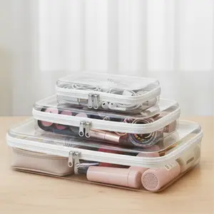 3PCS Clear Hard Shell Zipper Case for Storage Portable Waterproof Cosmetic Bag with Zipper Plastic Transparent Pencil Case Toiletry Pouch Travel Organizer Dustproof Stackable