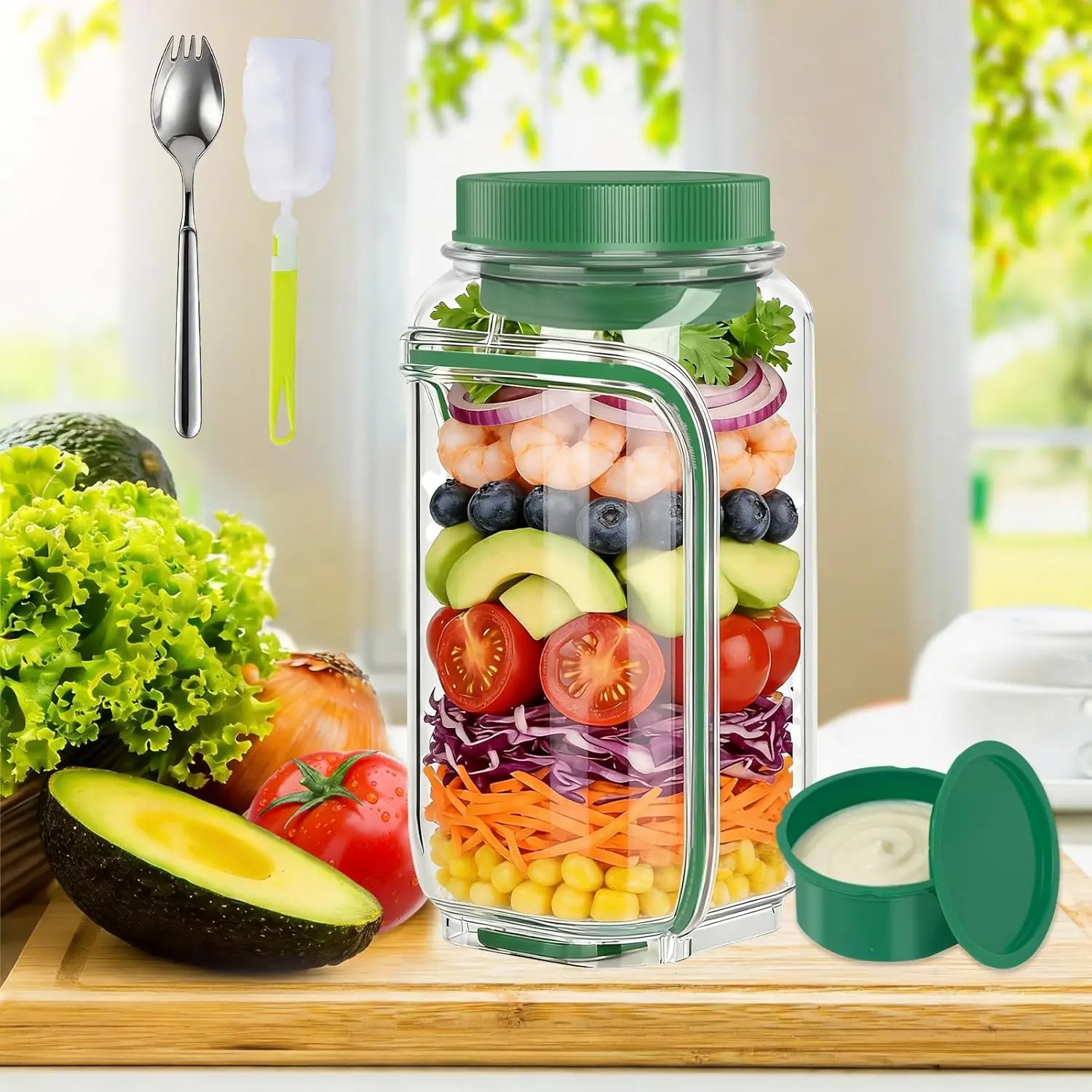 Green Reusable Food Grade BPA Free Colored Plastic Kitchen Salad Canister Jar - Leakproof, Detachable Lid, Divided Lunchbox Jar, Portable, Side Opening, Dressing Cup, Lid-to-Bowl Design, Dishwasher & Freezer Safe for Office, Travel (1PCS), Bpa Free Jars,