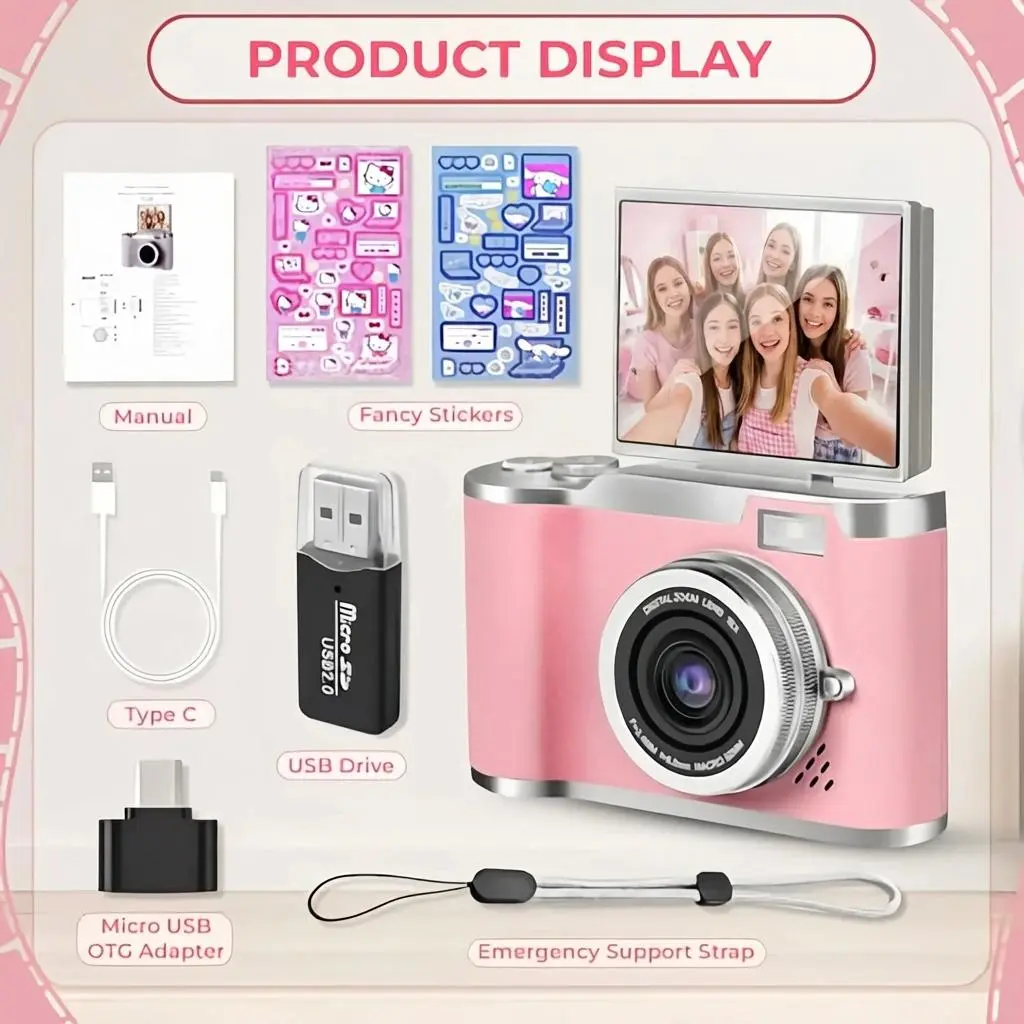 Cute Digital Camera Set with Bracelet Charm & Stickers, Compact Vlogging Camera with Flip Screen, Retro Style Photos, 32GB Card Included, Gift for Girls