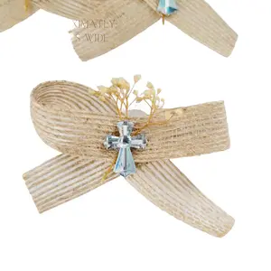 Natural Burlap Bows Rustic for favor bows, hand made with small cross Pack Decor