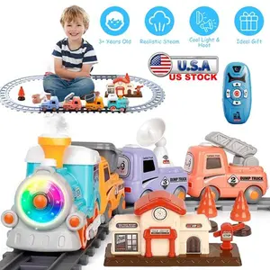 Electric Train Set with Smokes Light Sound Remote Magnetic Train Toys with Locomotive 3 Trucks Gifts for Kids Aged 3 4 5 6 Year Old