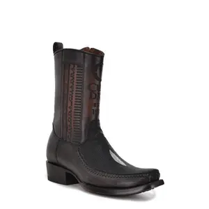Cuadra Men's Black Premium Pearlized Leather Laser & Woven Narrow Square Toe Western Boot