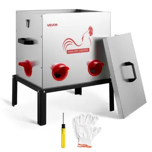 VEVOR Automatic Chicken Feeder, 50 lbs Capacity, 6 Feeding Ports No-Waste Poultry Feeder with Built-In Divider, with Latch Handle, Metal Construction, for Chickens Bantams Pheasants Poultry Coop