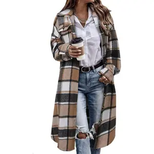 Women’s plaid shacket jacket, long corduroy shirt, casual lapel button-down flannel trench coat, fits check