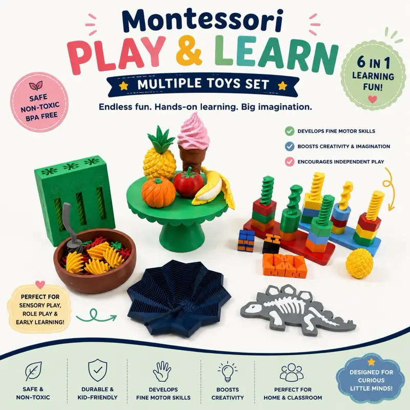 Montessori Play Toys - Educational Learning Blocks, Fruit & Ice Cream Set, Dinosaur & Geometric Shapes and Sensory Toys for Kids